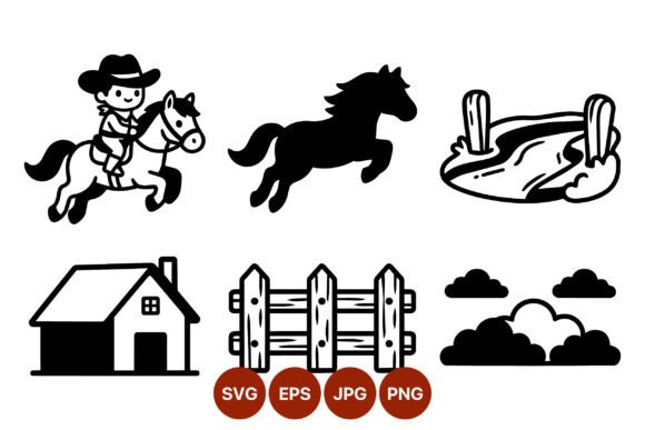 Cowboy Riding Horse Vector Black White Art