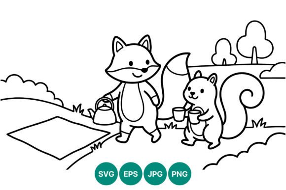 Cute Fox and Squirrel Picnic Line Art