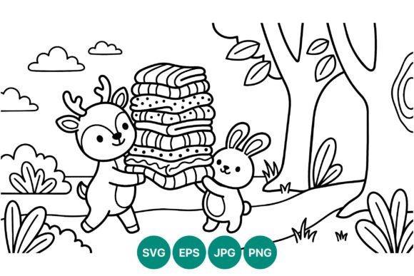 Deer and Rabbit Carrying Blankets Line Art: A Versatile Illustration for Nature-Inspired Design