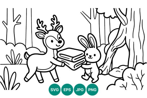 Deer and Rabbit Holding Books Black and White: A Unique Artistic Concept for Versatile Design Projects