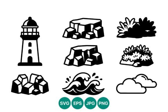 Enhancing Design Projects with Lighthouse Rocks Waves Vector Icons