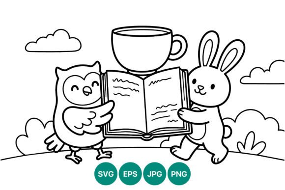 Owl Rabbit Reading Book Black and White